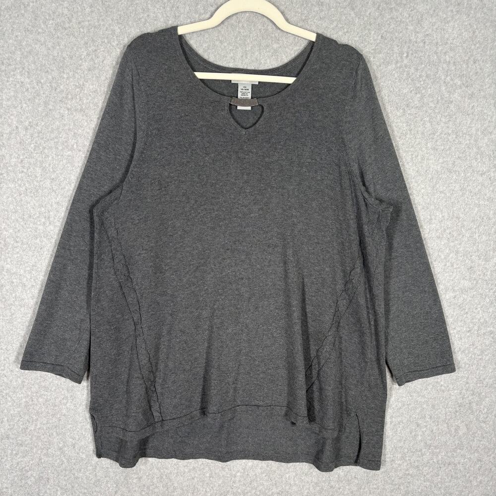 Catherines 100% Cotton Cable Knit Trim Sweater 1X Gray Tunic Career Church Thin